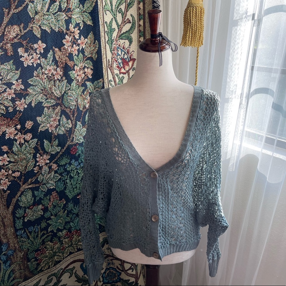 Blue-Gray, Seafoam, Sage Green Fishnet Knit Cardigan with Wood Buttons